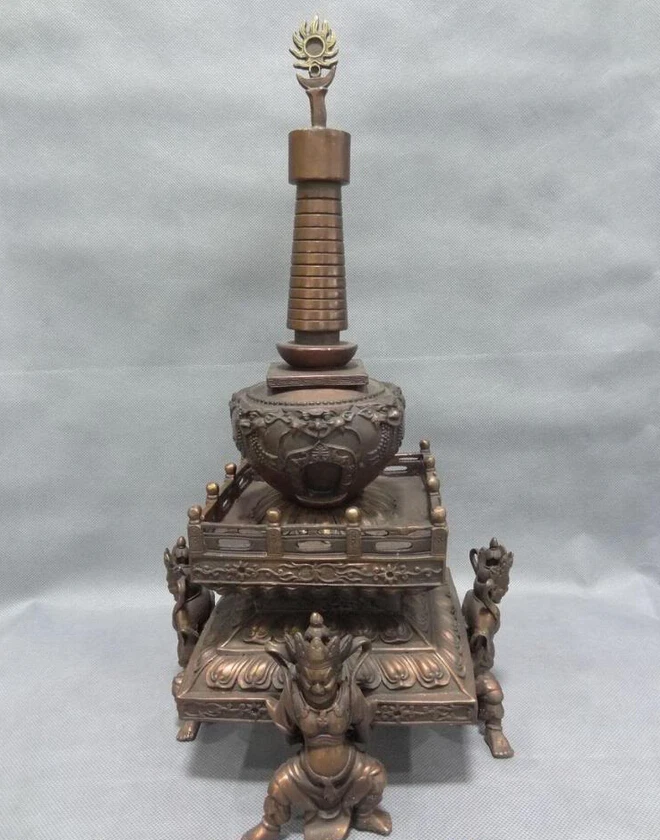 

song voge gem S5565 16" Tibet Pure Bronze Lion Head Tibet Shakyamuni Mahakala Buddha Statue Stupa