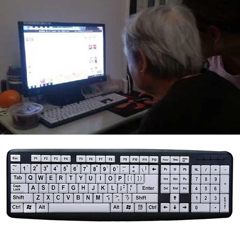 USB Wired Keyboard for Low Vision Users with Large White Keys Black