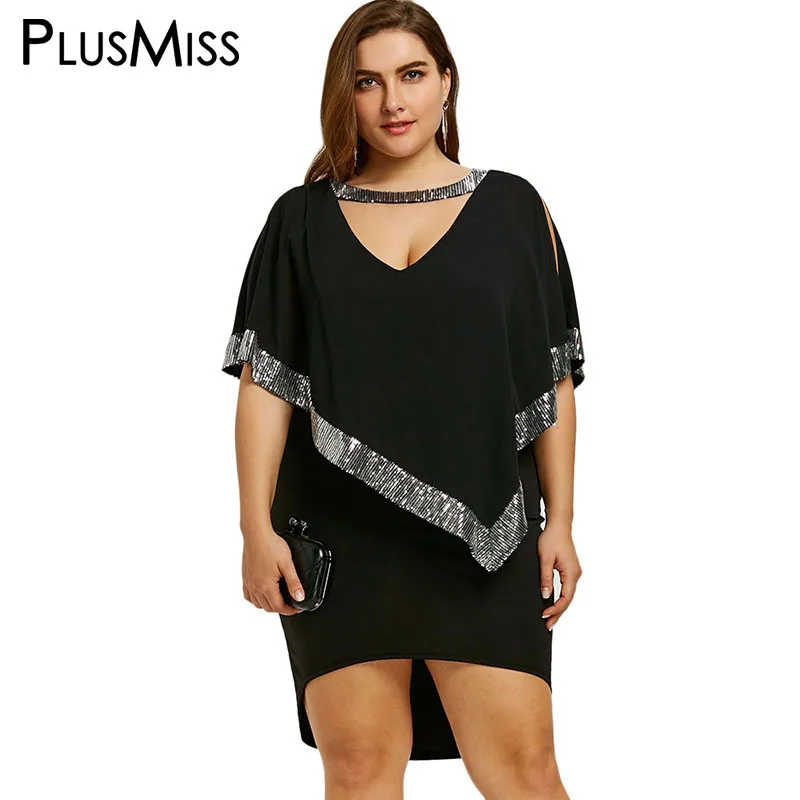 

PlusMiss Plus Size 5XL Elegant Glittery Capelet Dress Women Big Size Sexy Chiffon Sequin Ruffle Evening Party Dresses Summer