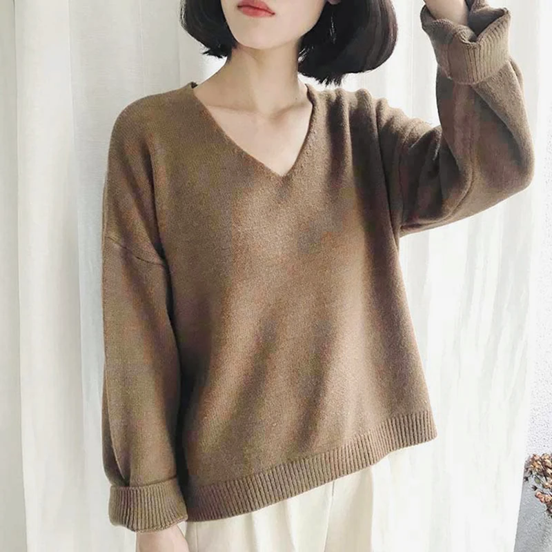 Winter Autumn Loose Pullovers Sweaters Woman Long Sleeve V Neck Solid Soft Warm Thick Bat Sleeved Sweater Oversize