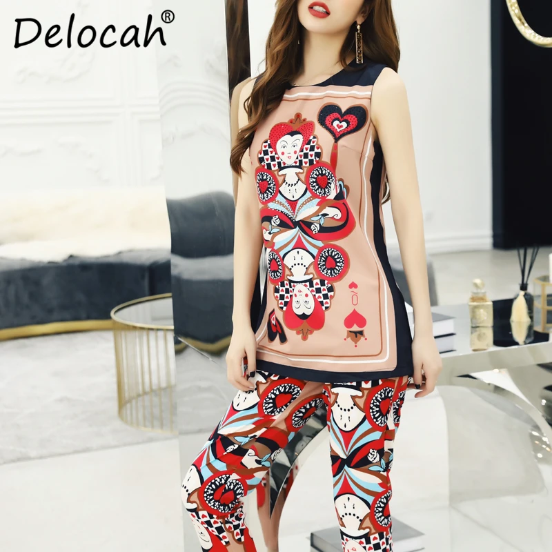

Delocah Spring Summer Women Sets Runway Fashion Designer Sleeveless Gorgeous Crystal Printed Elegant Slim Long Pants Lady Suits