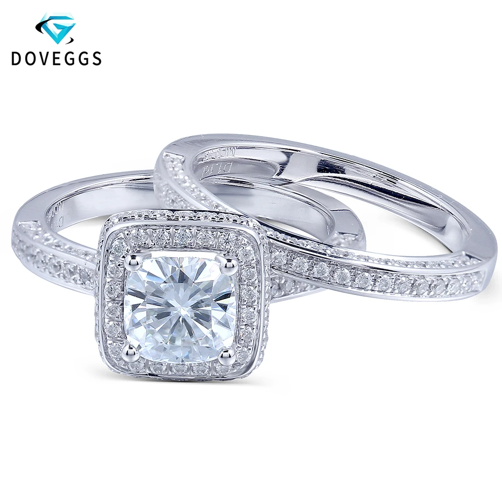 

1.1 Carat F Color Lab Grown Cushion Cut Moissanite Diamond Wedding Ring Set With Moissanite Accents Solid 14K 585 White Gold