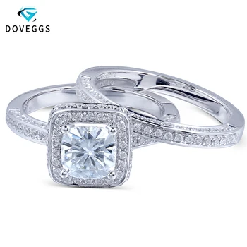 

DovEggs Solid 14K 585 White Gold 1 Carat FG Color Cushion Cut Moissanite Diamond Engagement Wedding Ring Set for Women