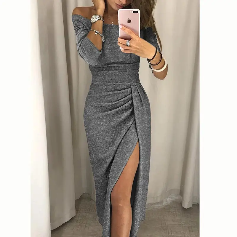 

2018 fashion new slash neck winter dress women strapless collar dress bright crystal solid color dress sexy dress women