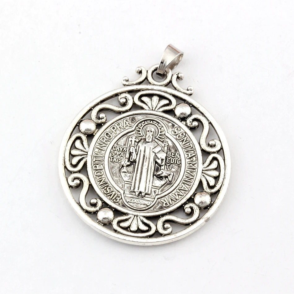 

2pcs Saint St Benedict of Nursia Patron Against Evil Medal Alloy Charm Pendant Fit Necklace 40x51mm Antique silver