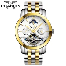 GUANQIN GQ16003 de Squelette montre hommes automatique mécanique phase de lune Tourbillon saphir en acier inoxydable entreprise De Mode casual