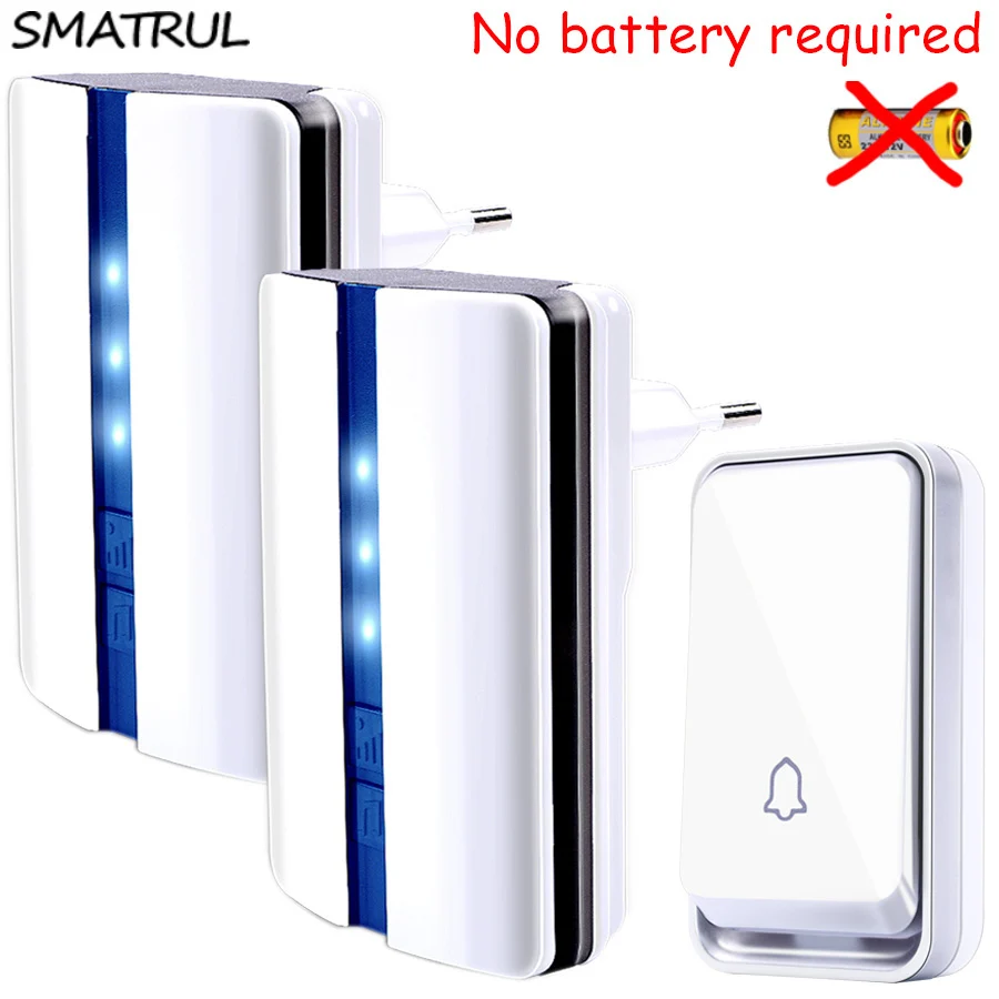 

SMATRUL self powered Wireless DoorBell Waterproof no battery EU plug smart Cordless Door Bell 1 button 2 Receiver 110DB 110-220V