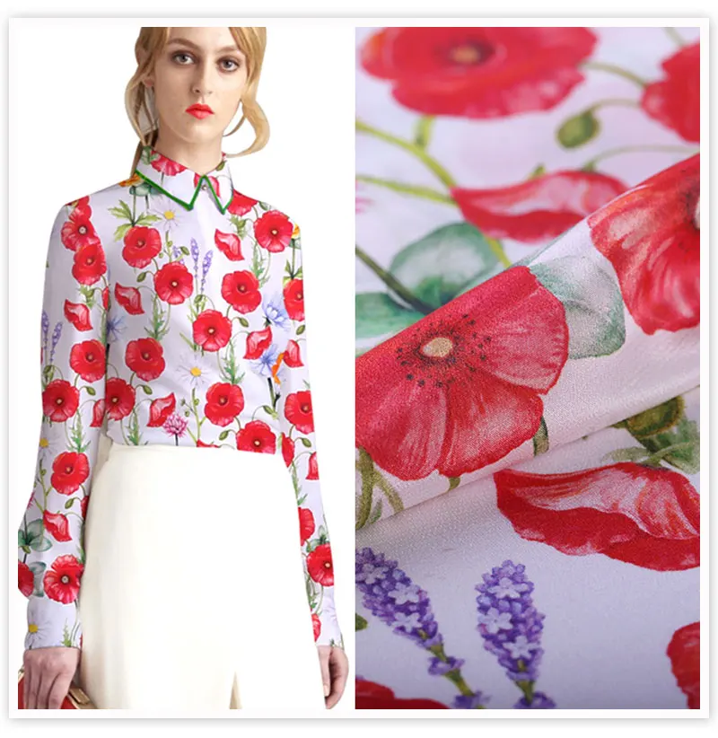 Silk crepe black with red flowers 8393