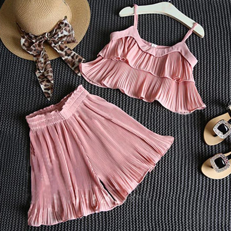 

2017 Summer Girl Clothes Sets Sea Beach Children Chiffon Pleated Suspenders Tops Wide Pants Twinset Pink Kids Clothes Suits D25