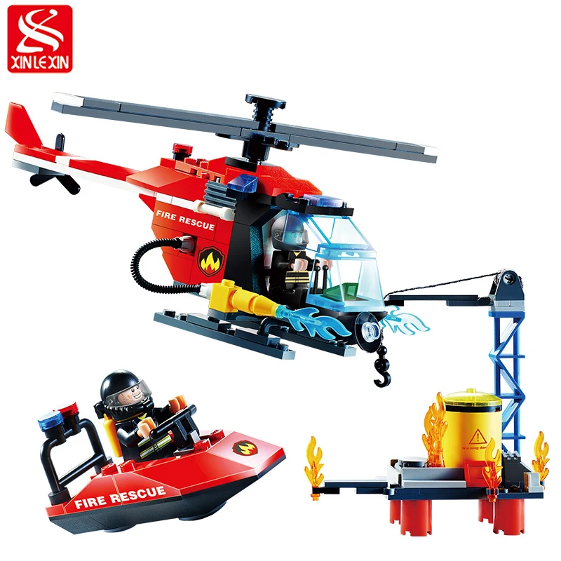 

Xinlexin Fire Poloce Helicopter blocks set Bricks 197pcs Building Block Sets Models Educational Fire Boat Toys For Children