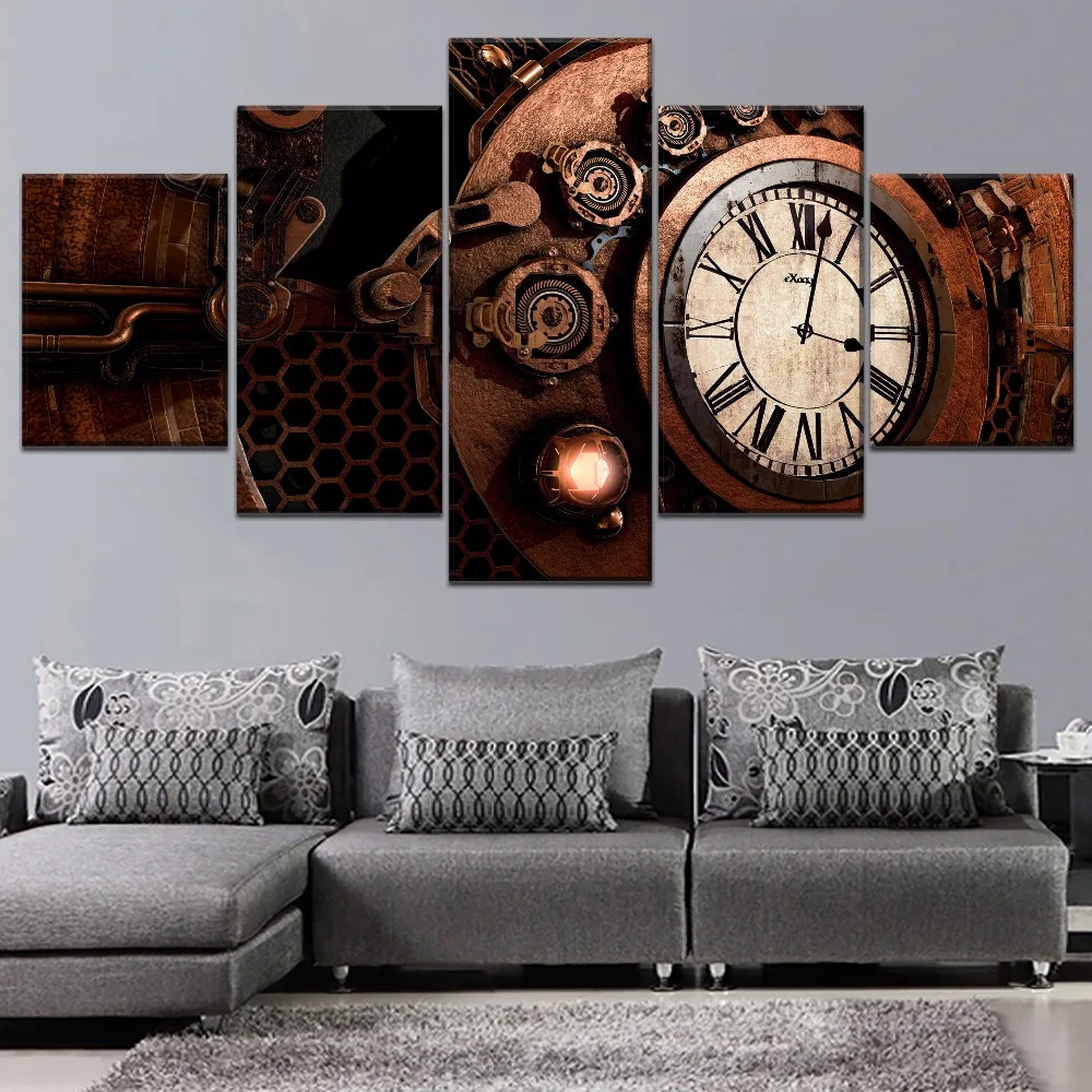 Wall Artwork Modular Home Painting Pictures Hd 5 Panel Printed Retro Steampunk Clock Poster Canvas For Living Room Decor Framed