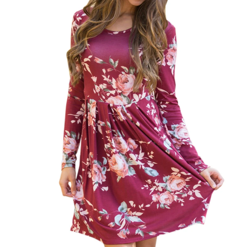 Осенние платья больших размеров с круглым вырезом и цветочным принтом, платье длиной до колена, женские платья с длинным рукавом, облегающее платье GV901