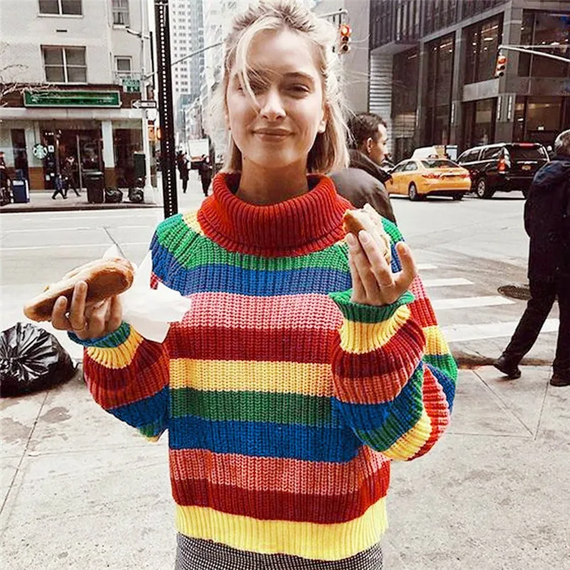 HOT sell sweaters fashion 2018 women Multicolor Stripe Long Sleeve Turtleneck Knitted Sweater Blouse Pullover invierno A28#N (15)