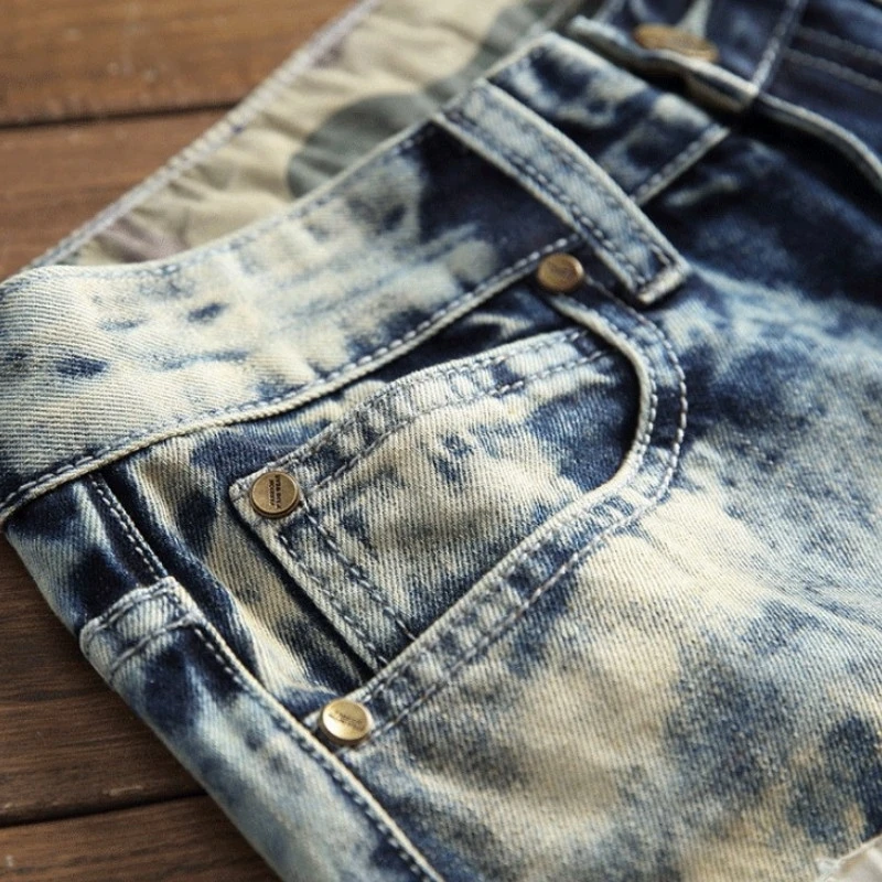 Для мужчин брюки для байкеров лоскутное рваные прямые джинсы Street Повседневное молния хип-хоп синие джинсы мужские длинные брюки Большой