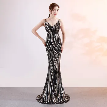 

2019 Spring Graceful Women Party Dress V-Neck Backless Sleeveless Maxi Dress Sexy Off Shoulder Sequin Dresses