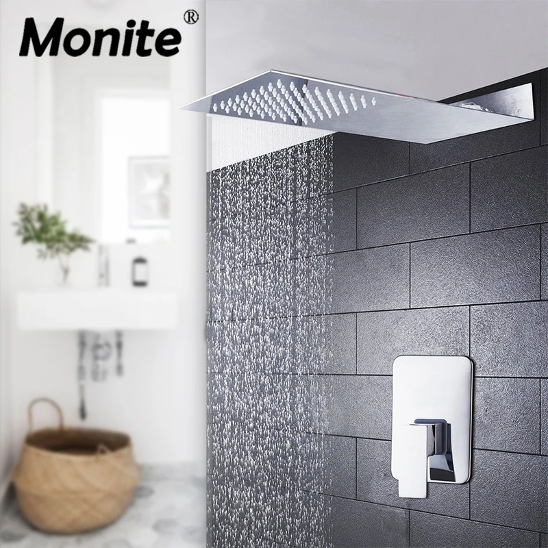 

Monite Luxury Chrome Polish Shower Head New Wall Mounted Square Brass Waterfall Shower Set Direct Rainfall Bathroom Shower Kit