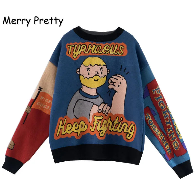 Женский Теплый свитер Merry Pretty, теплый свитер с забавными рисунками из мультфильмов, жаккардовый пуловер с буквенным принтом, вязаные топы, 2019|Водолазки| | АлиЭкспресс