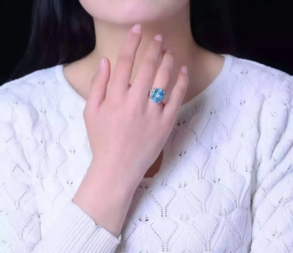 Женское кольцо из серебра 925 пробы с натуральным голубым топазом|gemstone jewelry|gemstone