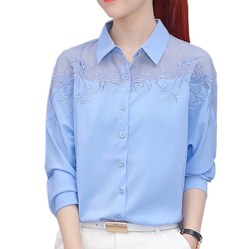 

Embroidery Design Lady Blue Blouses Size S-2XL Lace Patchwork Long Sleeve Autumn Women Fashion Shirts
