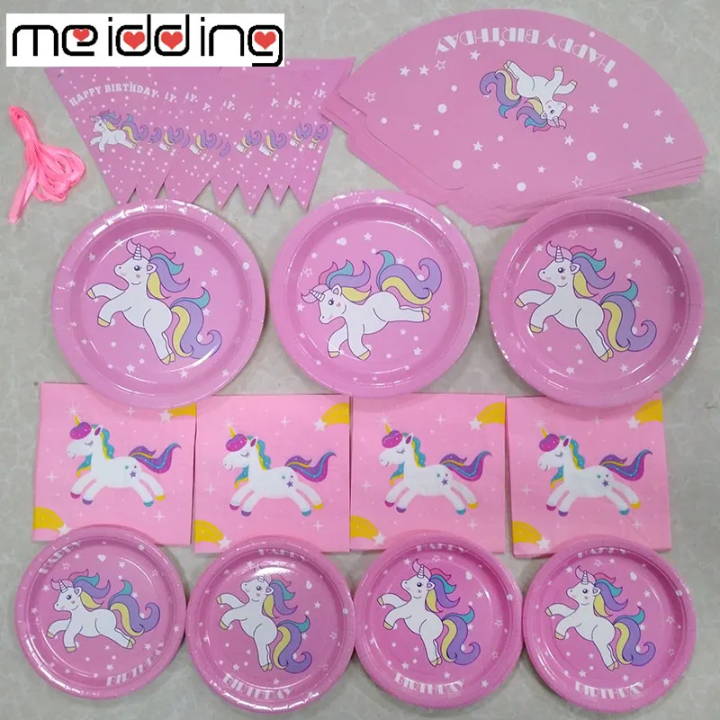 

MEIDDING Unicorn Party Disposable Tableware Cartoon Unicorn Birthday Party Pink Blue White Paper Cup Plate Cake Topper Supplies