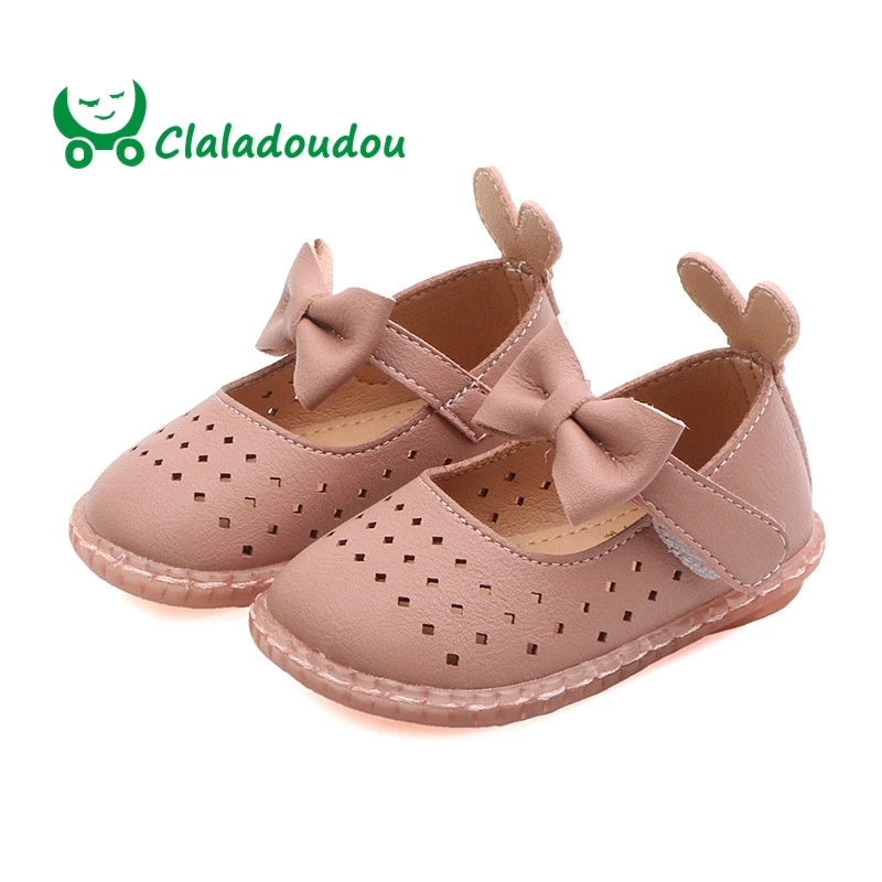 

Claladoudou 12-14CM Baby Girls Party Shoes Pu Leather Hollow Big Bowtie Ears Infant Girls Round Toe Shoes Soft Baby Flats Walker