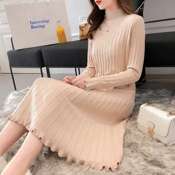 

2019 Autum Winter Women Elegant Sashes Pleated Pullovers Sweaters Dresses Female Casual Warm Slim Bottoming Knitted Vestidos H39