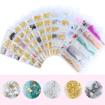 

6 grid/pack Mixed Punk Metal Rivets/Chain/Rhinestones/Caviar Beads 3D Nail Art Decorations UV Gel Design Manicure Accessories