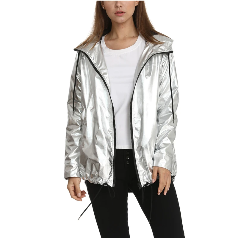

2019 Fashion New Plus size Jacket Women Spring Autumn Long-Sleeve Gold Zipper Female Windbreaker Hooded Waterproof Bomber Jacket