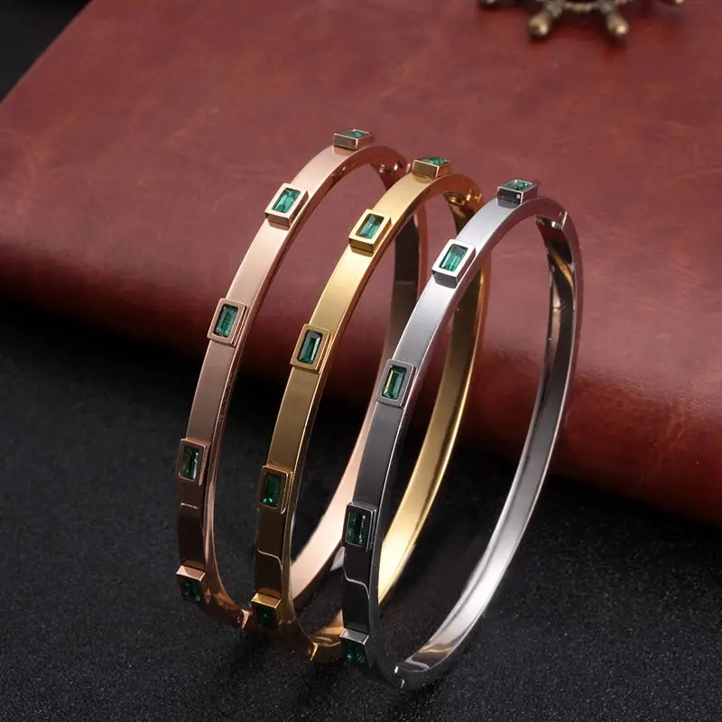 

Luxury Open Cuff Bangles Bracelets Crystal Zirconia Bangles Rose Gold Color Stainless Steel Bracelet for Women Brand Jewelry