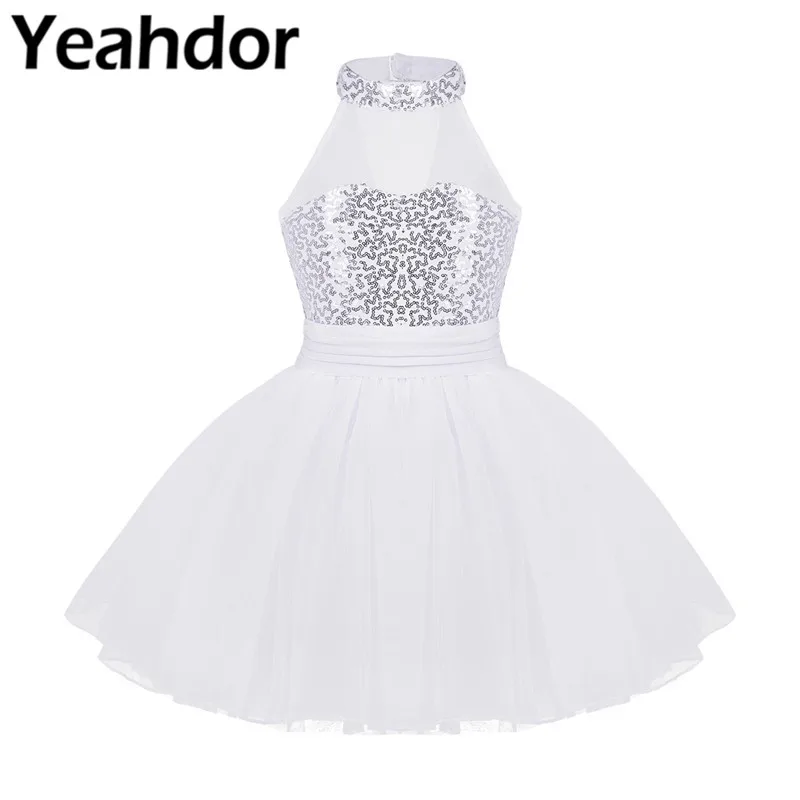 Kids Girls Mock Neck Ballet Dance Dress Gymnastic Leotard Shiny Sequins Sleeveless Mesh Splice Ballet Leotard Flower Girls Dress