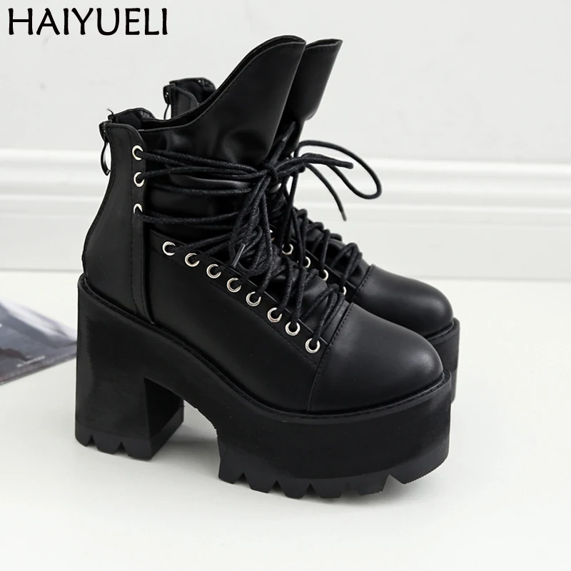 

Punk Style Martin Boots Chunky Heels Casual Lacing Round Toe Platform Boots Black Thick Heel Boots Fall Womens Ankle Boots