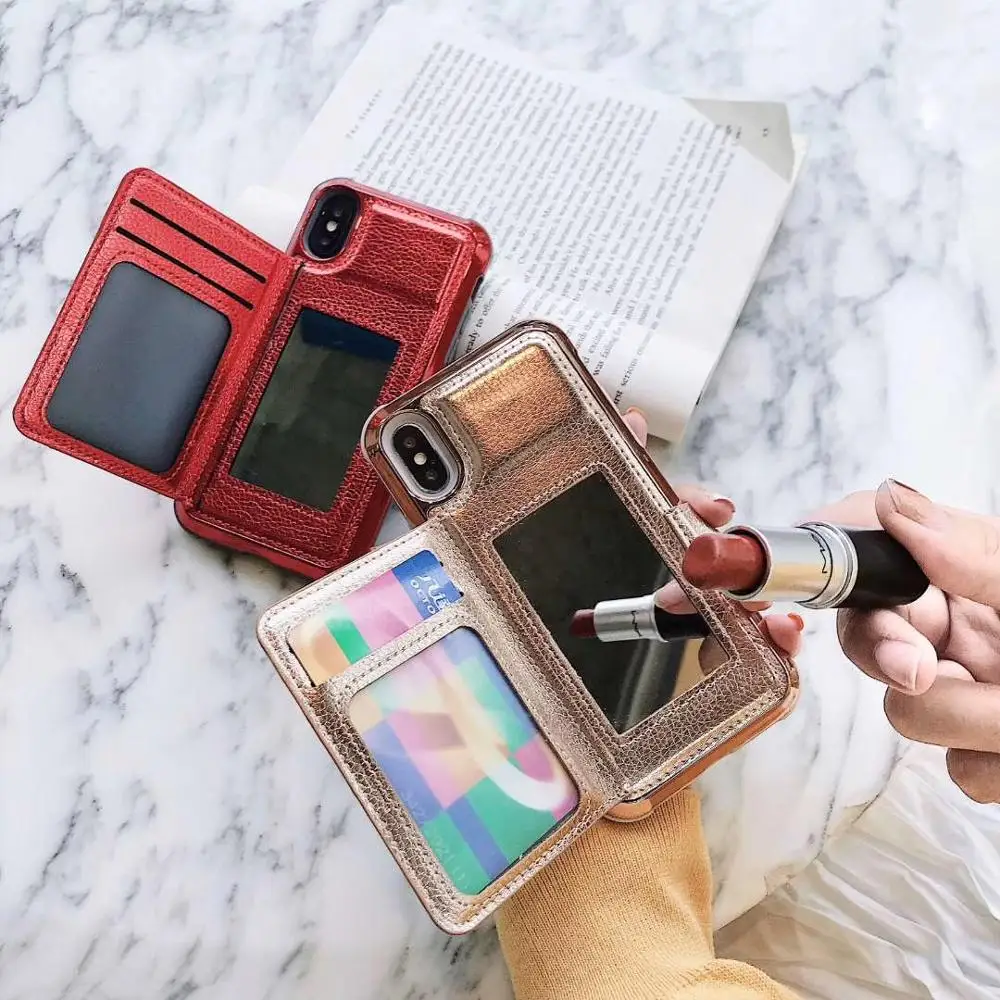 

Case For iPhone X Xr Xs Max 7 8 6S Plus Case Korean Make Up Mirror Flip Leather Stand Wallet Case For Samsung S10Plus S10e Cover