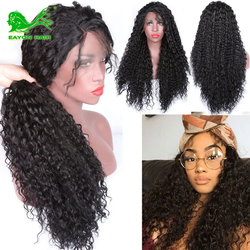 

Long Curly Synthetic Wigs for Black Women Side Parting Synthetic Lace Front Wigs with Baby Hair Natural Black 1B Color