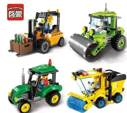 

Enlighten City Series Road Roller Forklift Truck Tractor Sweeper Truck Building Blocks Kids Bricks Toys for children LegoINGS