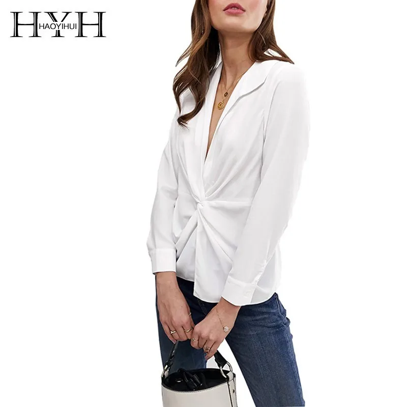 

HYH Haoyihui New Arrival Deep V Outer Collar Knot In Front Tops Sexy Personality Elegant Long Sleeve Conventional Women Shirt