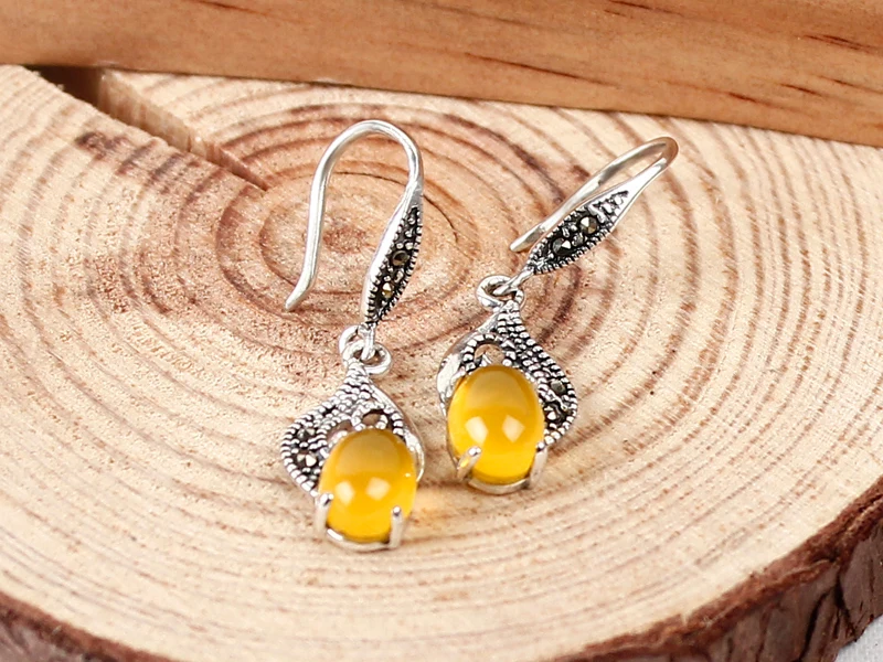 

Thailand S925 palace retro agate hypoallergenic female temperament Silver Earrings Jewelry