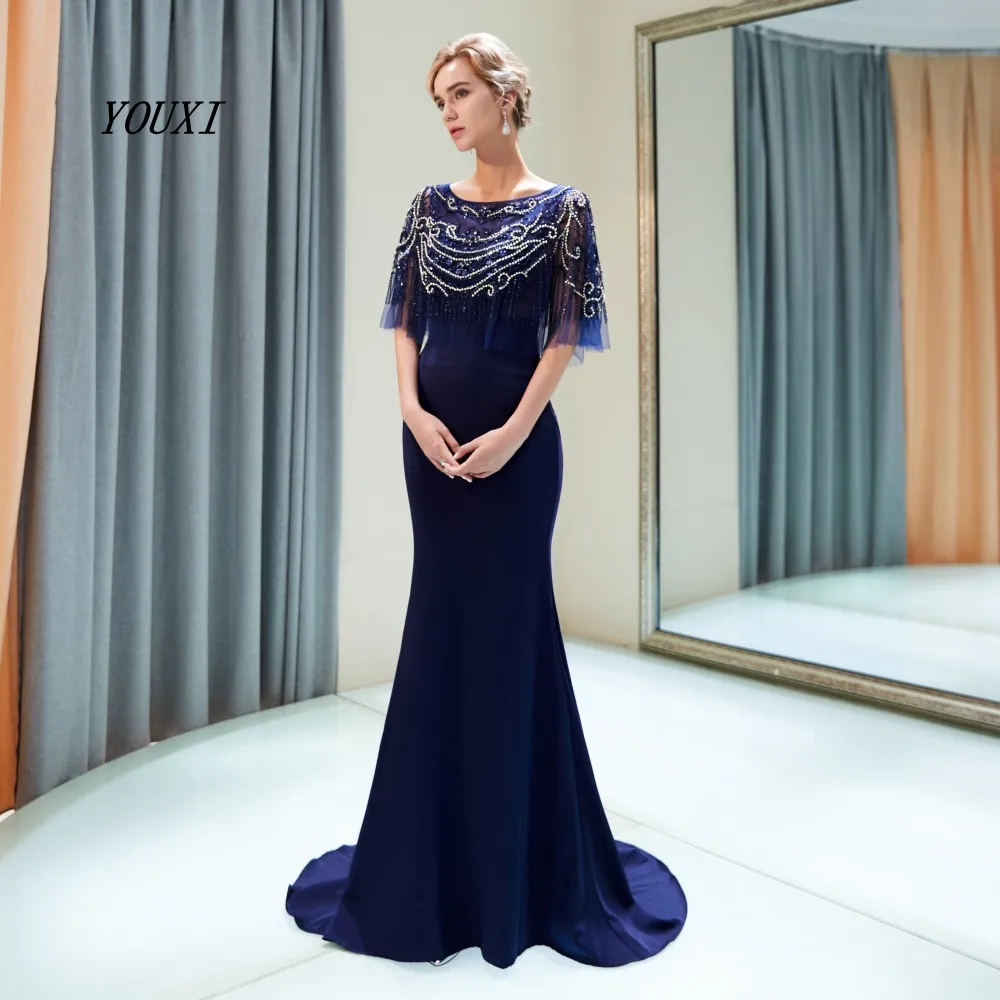 

Elegant Half Sleeve Navy Blue Mermaid Evening Dresses 2019 Luxury Pearls Beaded Beading Crystal Long robe de soiree Formal Dress