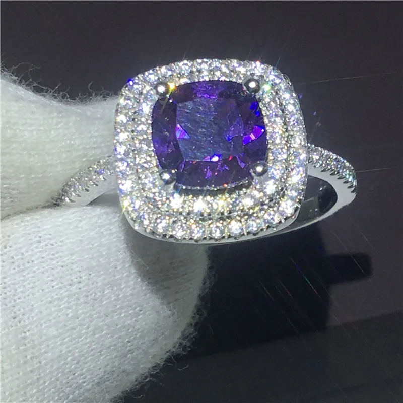 

Women Luxury Jewelry cushion cut 3ct Purple 5A zircon crystal 925 Sterling silver Engagement wedding band ring for women Bijoux
