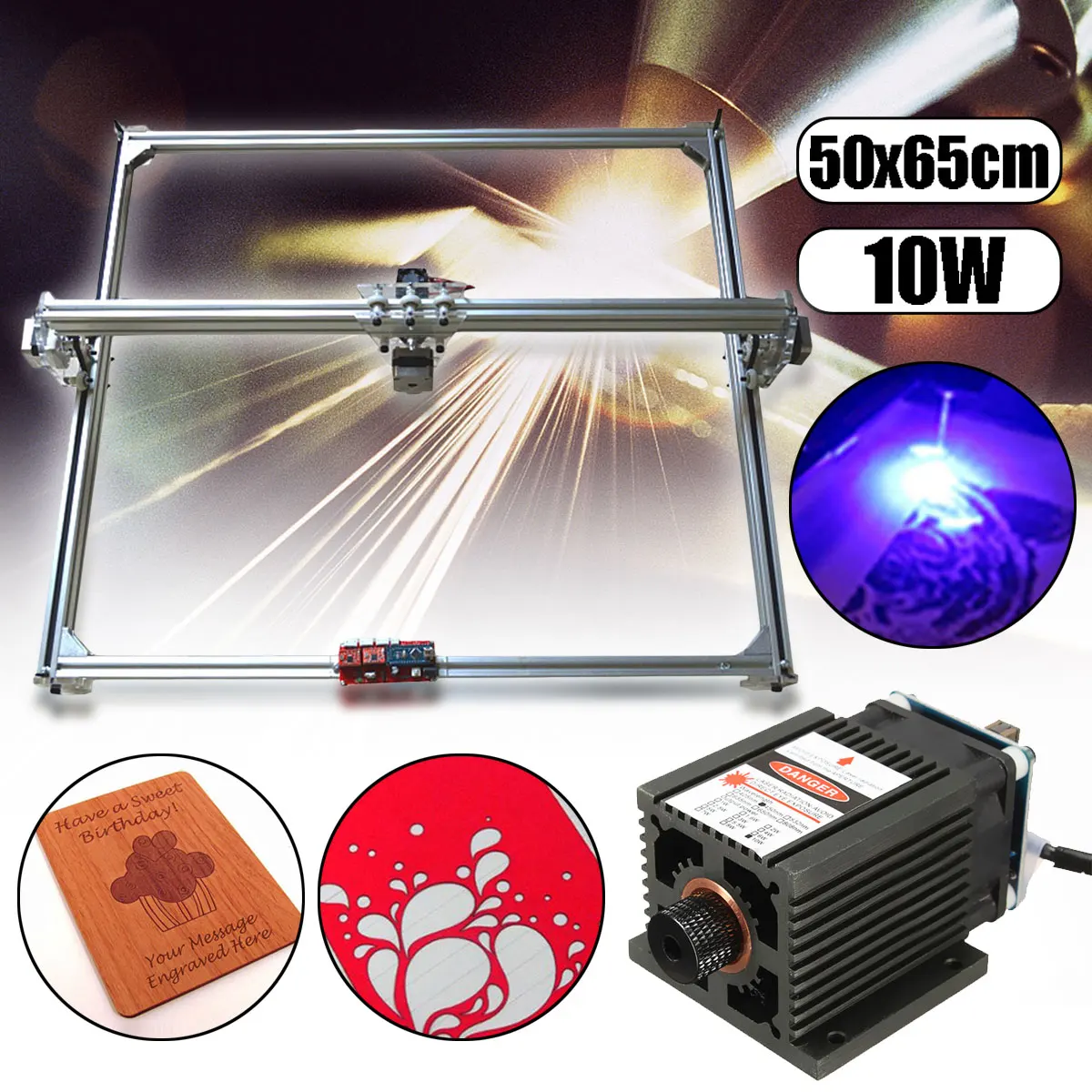 

50*65cm Area Mini Laser Engraving Cutting Machine Printer DC 12V Wood Cutter + 10W Blue Laser Head Power Adjust DIY Desktop Kit
