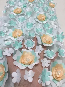 

3D Flower African Beads Lace Fabrics 5 Yards White Nigerian French Lace Fabric, 2017 High Quality Beaded Tulle Fabrics Wedding