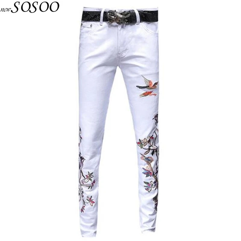 

2018 young mans jeans embroidery cotton white slim fit designer jeans men high quality Korean style fashion #102