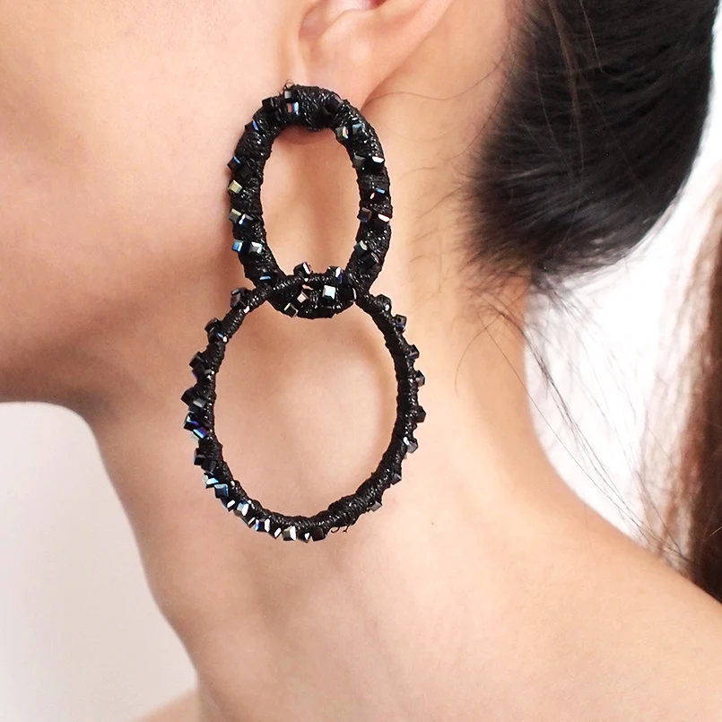 

Big Hoop Shining Crystal Dangle Earrings Charm Silk Thread Wrap Alloy Statement Earrings For Women Jewelry Gift UKMOC
