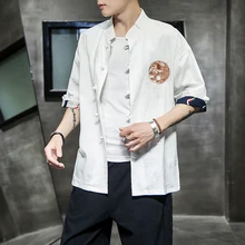 Старинная льняная рубашка в китайском японском стиле, с вышивкой, Мужская одежда, длинная Кофта свободного кроя, camisas, уличная, Черная