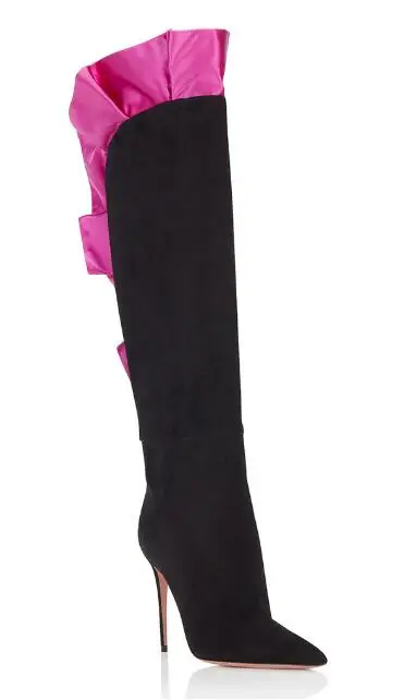 

2018 Winter New women's color matching suede pointed high heel knee-high boots rose red reffle decoration fashion long boots