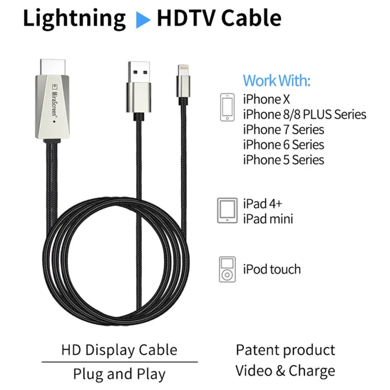 Mirascreen USB к HDMI кабель дисплея для освещения к HDMI кабель для apple ios телевизионный HD кабель для iphone X iphone 8 7 6 5 ipad ipod