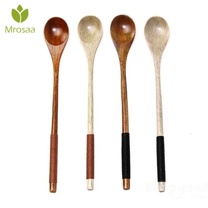 

Mrosaa 1Pc Long Handle Wooden Food Spoon Dinnerware Round Cute Handle Ladle Soup Milk Stirring Scoop Spoon Tablware Gift