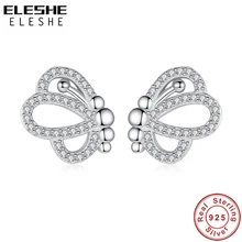 Подлинный eleshe 925 пробы Серебряные серьги со стразами в виде блестящего ажурная бабочка, серьги со шпилькой, для Для женщин Модные украшения