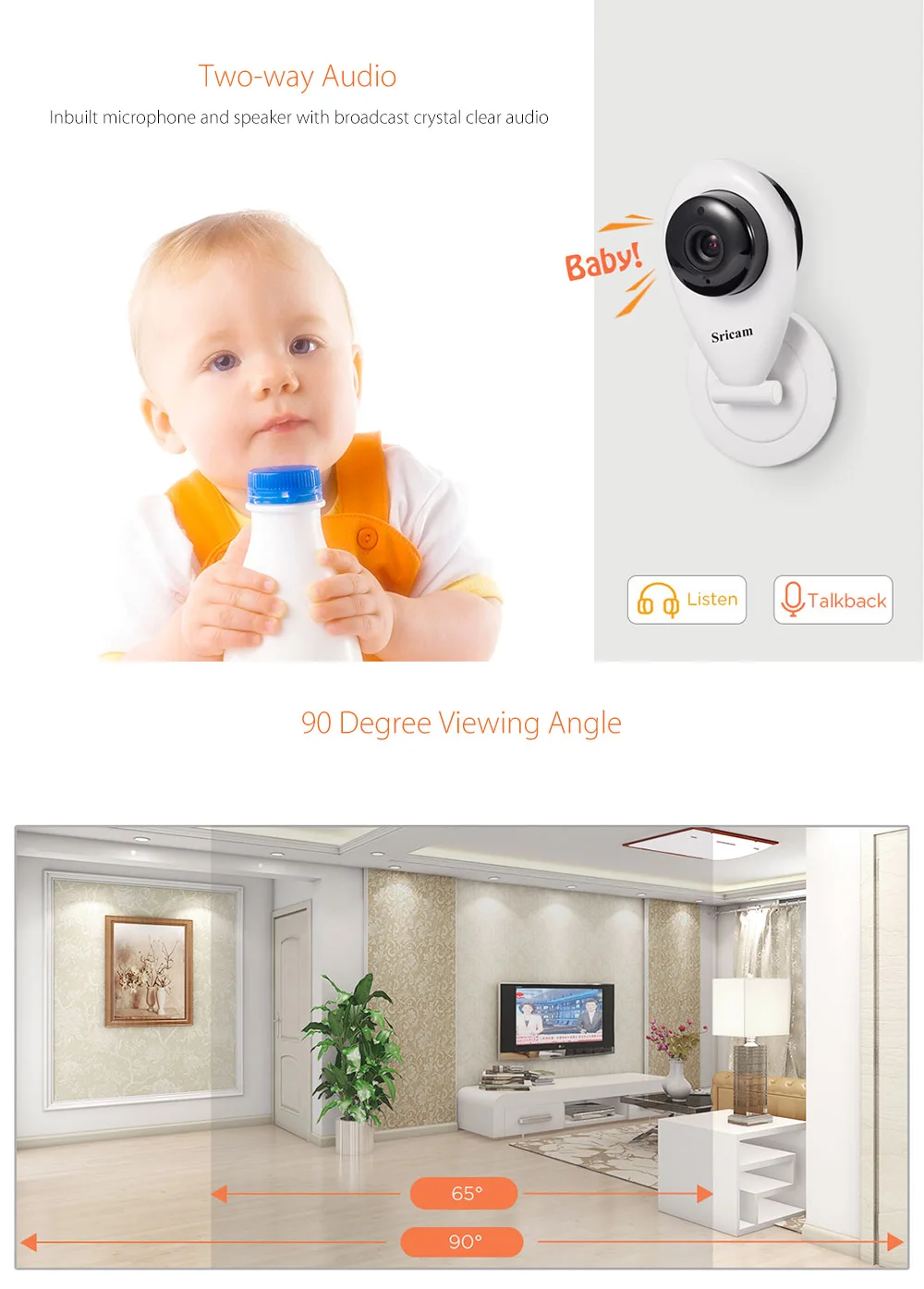 Sricam SP009 720P H.264 WiFi 1.0MP Wireless ONVIF CCTV Security IP Cam Pet Camera TF Slot