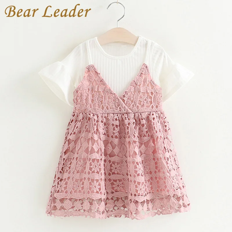 

Bear Leader Girls Sets 2018 New Children Clothing Cute Lace Sets Kids Clothes Pullover White Shirt+ Strap Dress 2Pcs Suits 2-6T