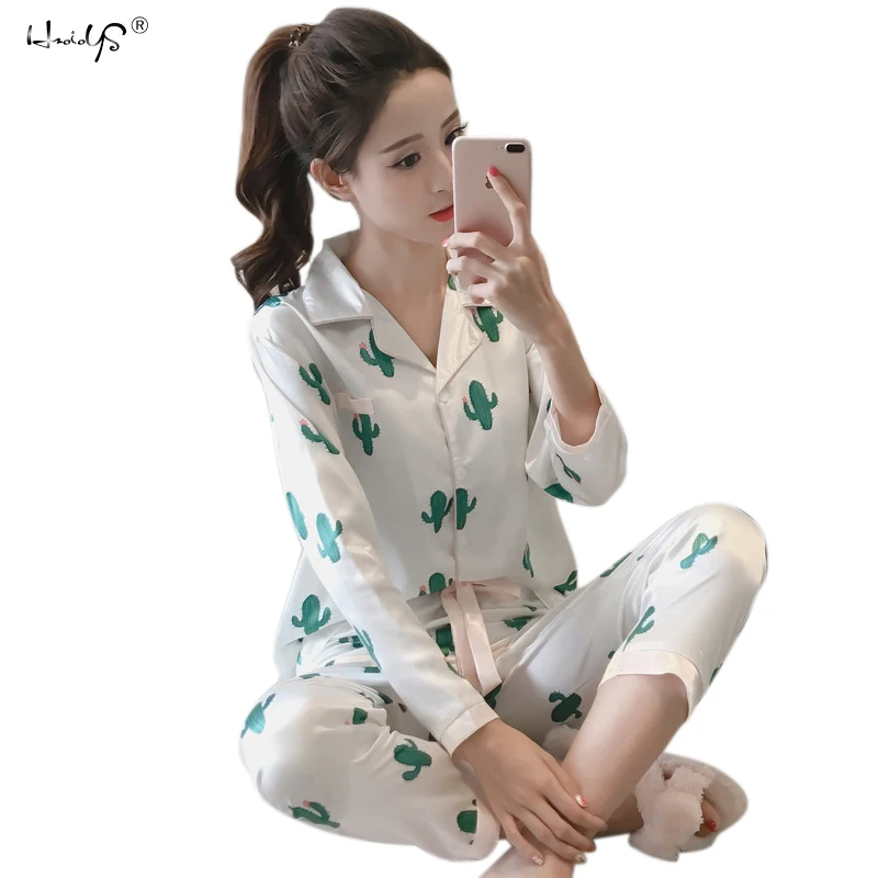 

Women Satin Silk Pajamas Set summer Cartoon Rabbit Print Pyjama Set Long Sleeve Sleepwear Suit Women Nightwear Sets Home Clothes